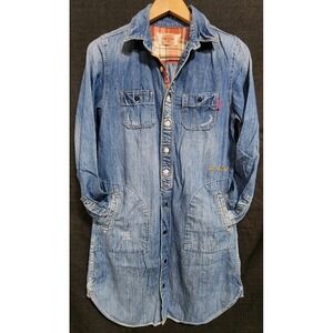 Cube Sugar Shirt Dress Knee Length Long Sleeve Denim Patch Work Distressed Sz M